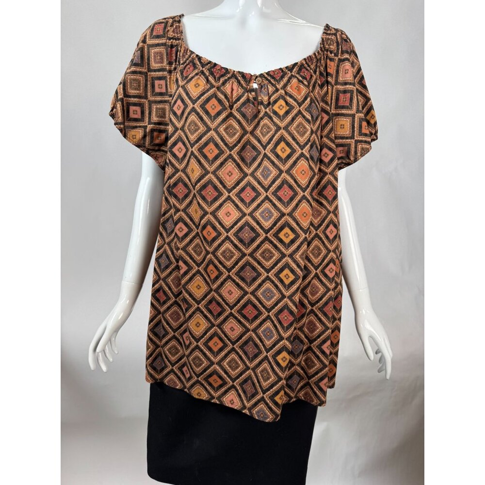 Liz Claiborne Woman 2X Square-Neck Boho Top With Geometric Print In Brown/Orange